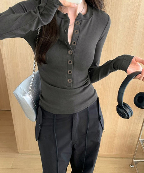 ハーフボタンカットソー長袖タイトtシャツ レディース ヘンリーネックプルオーバー シンプル 細見えTシャツ 着回しベーシックトップス ストレッチフィットカットソー 92HLH-001
